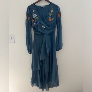 ASOS Design Size 4 Blue Embroidered Floral High Low Chiffon Dress